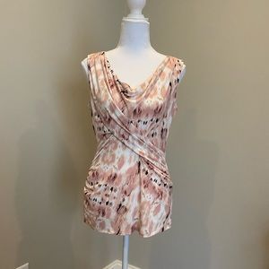 Dusty Pink, Brown, and White Patterned Sleeveless Top with Faux-Wrap Design